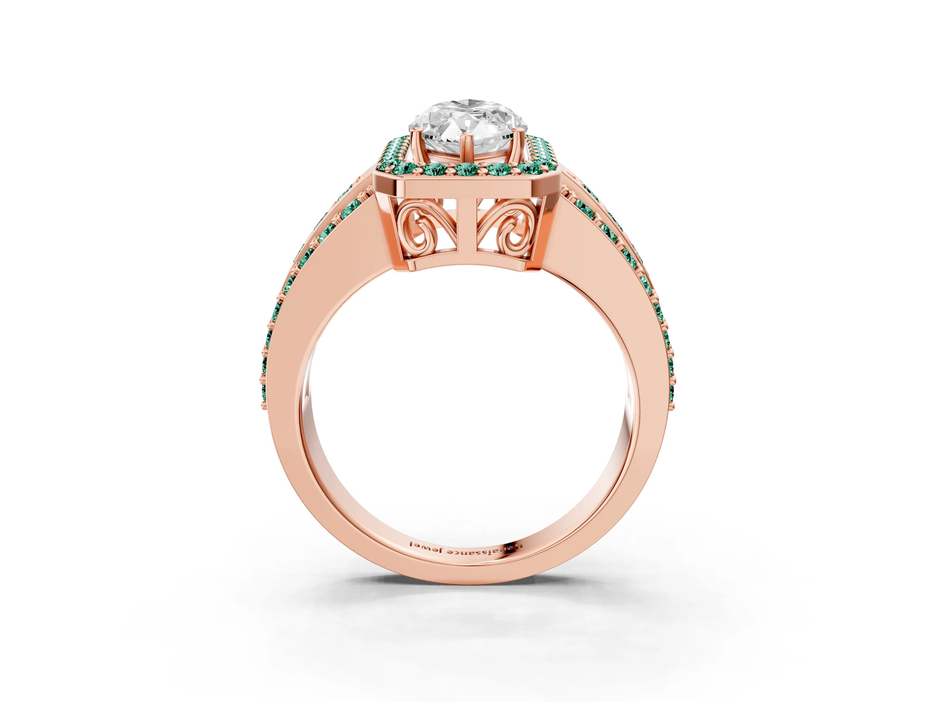 Rose gold Marquise Cut Halo Diamond Ring with Round with Green Sapphire side stone Split Shank and Prong Setting_3