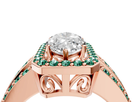 Rose gold Marquise Cut Halo Diamond Ring with Round with Green Sapphire side stone Split Shank and Prong Setting_4