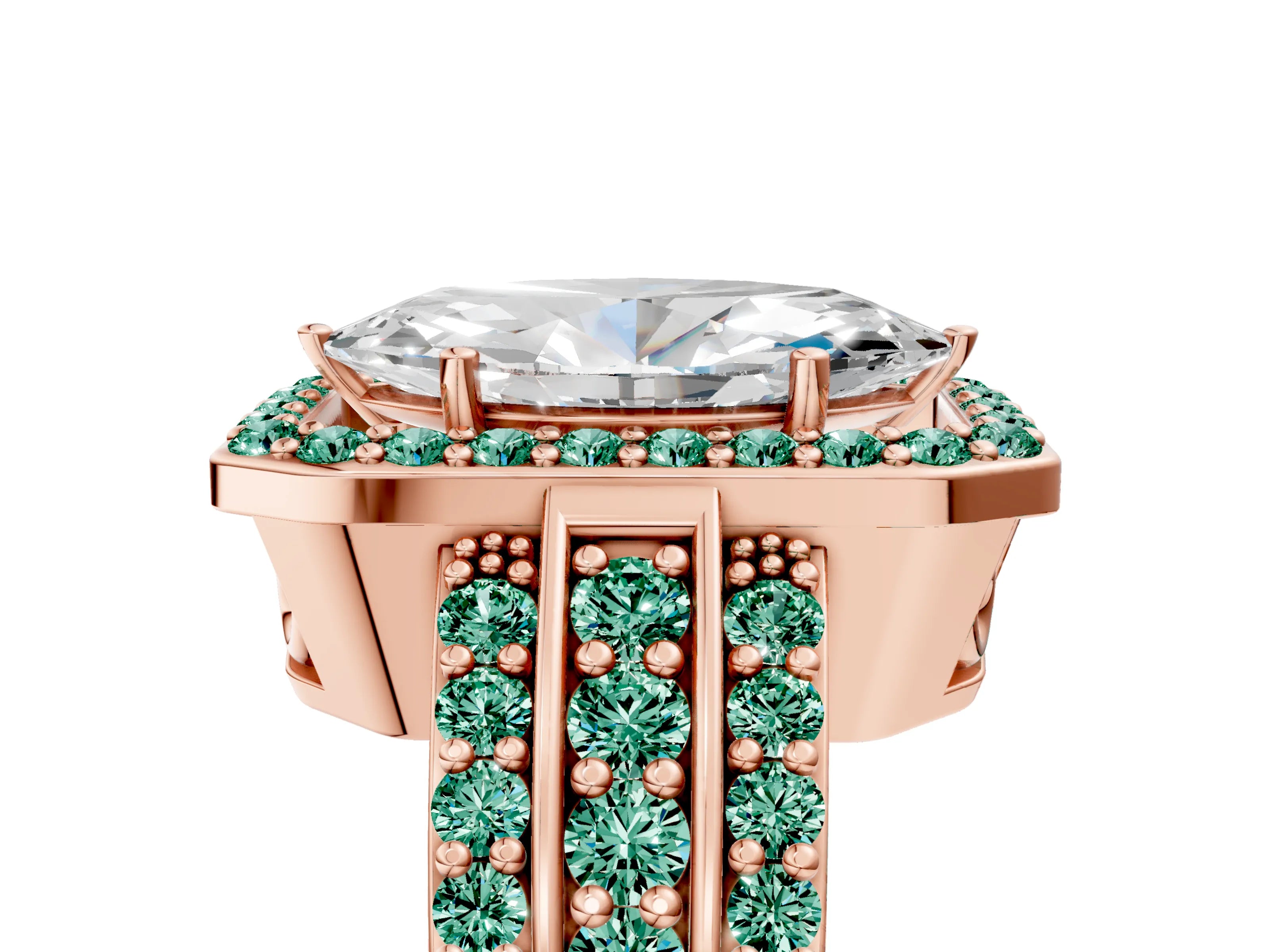 Rose gold Marquise Cut Halo Diamond Ring with Round with Green Sapphire side stone Split Shank and Prong Setting_5