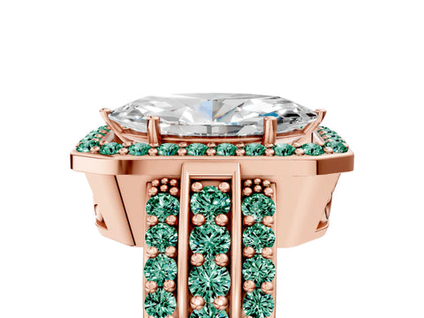 Rose gold Marquise Cut Halo Diamond Ring with Round with Green Sapphire side stone Split Shank and Prong Setting_5