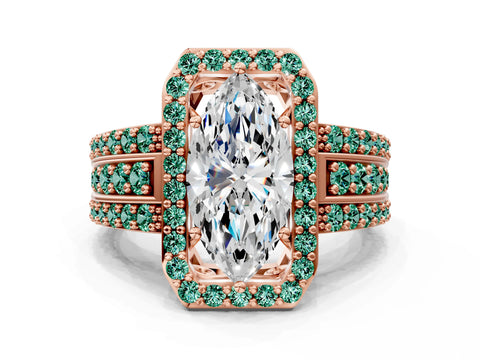 Rose gold Marquise Cut Halo Diamond Ring with Round with Green Sapphire side stone Split Shank and Prong Setting