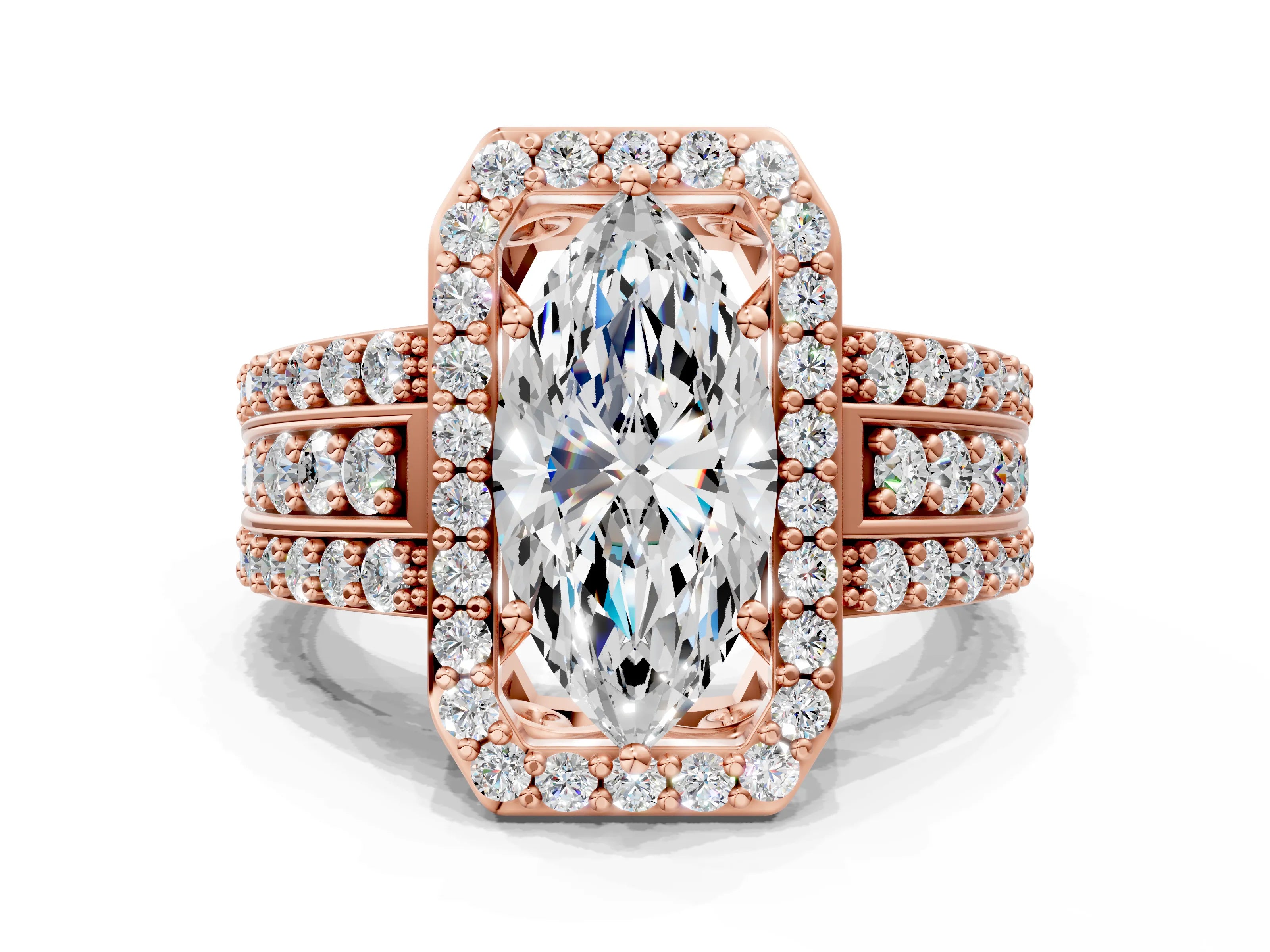 Rose gold Marquise Cut Halo Diamond Ring with Round with Moissanite side stone Split Shank and Prong Setting