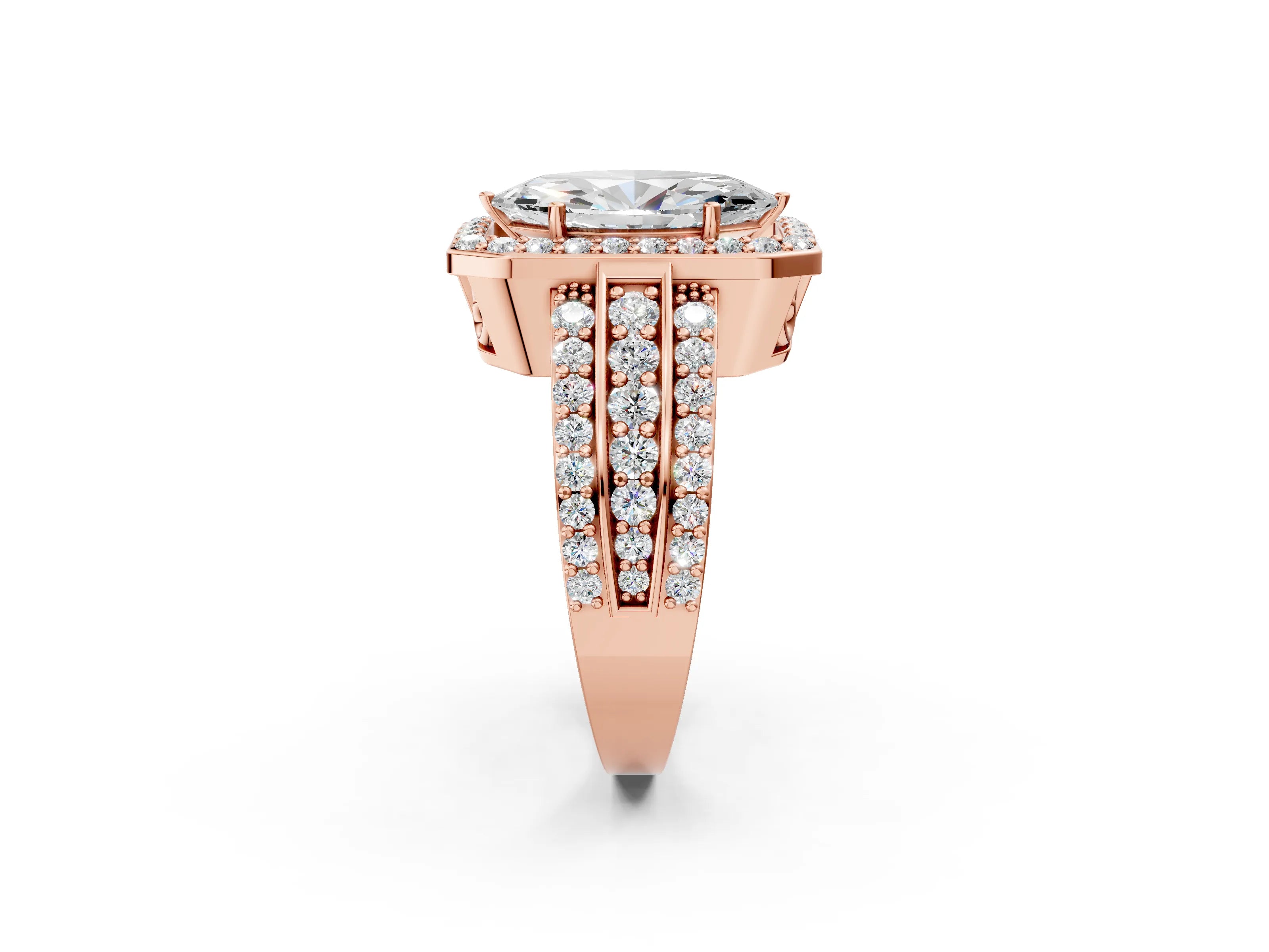 Rose gold Marquise Cut Halo Diamond Ring with Round with Moissanite side stone Split Shank and Prong Setting_2