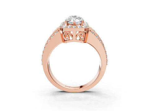 Rose gold Marquise Cut Halo Diamond Ring with Round with Moissanite side stone Split Shank and Prong Setting_3