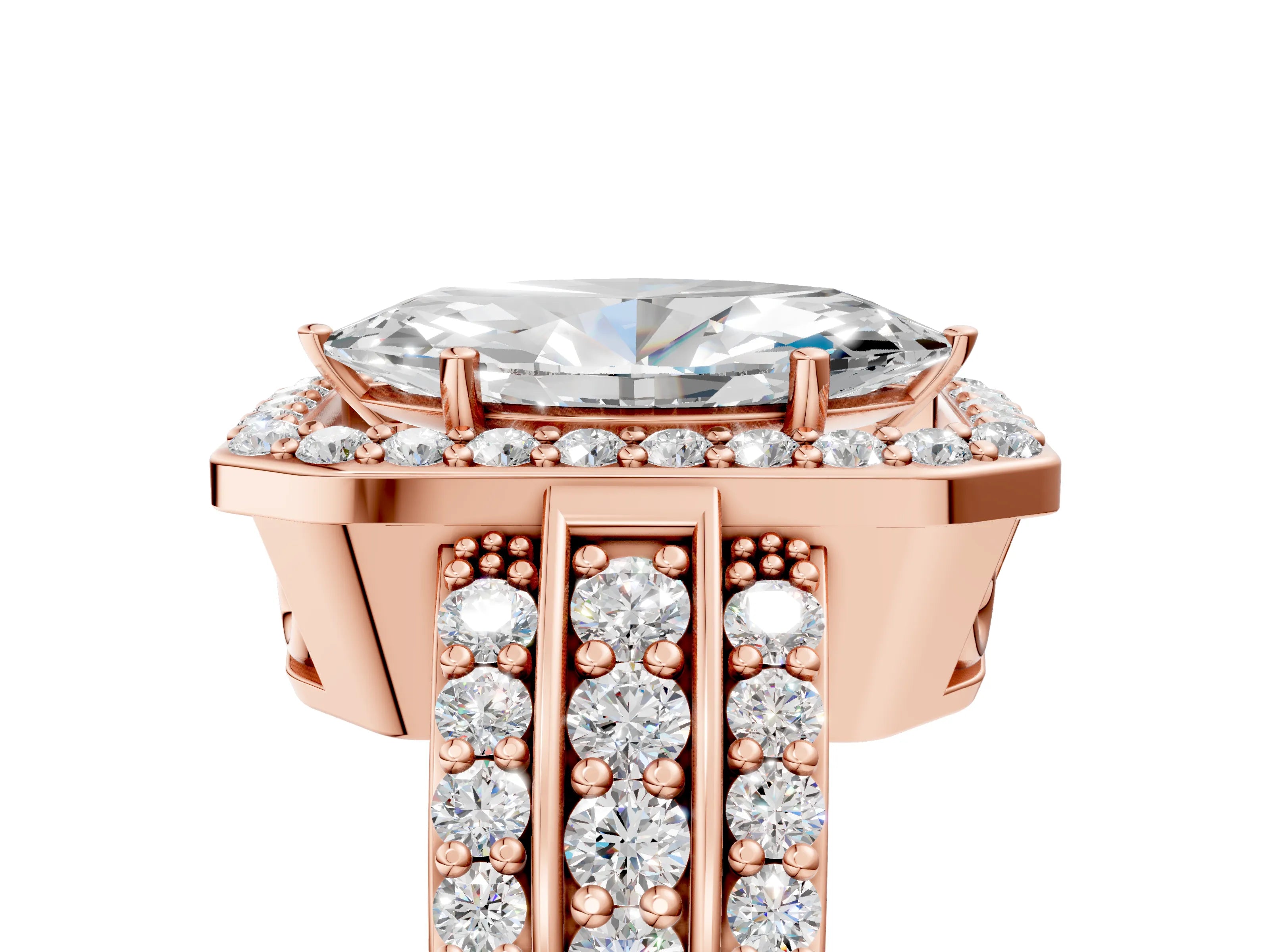 Rose gold Marquise Cut Halo Diamond Ring with Round with Moissanite side stone Split Shank and Prong Setting_5