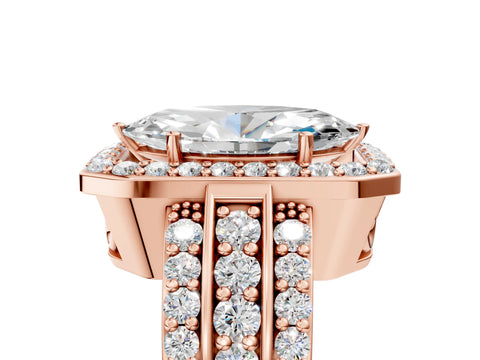 Rose gold Marquise Cut Halo Diamond Ring with Round with Moissanite side stone Split Shank and Prong Setting_5