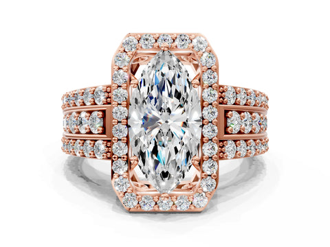 Rose gold Marquise Cut Halo Diamond Ring with Round with Moissanite side stone Split Shank and Prong Setting
