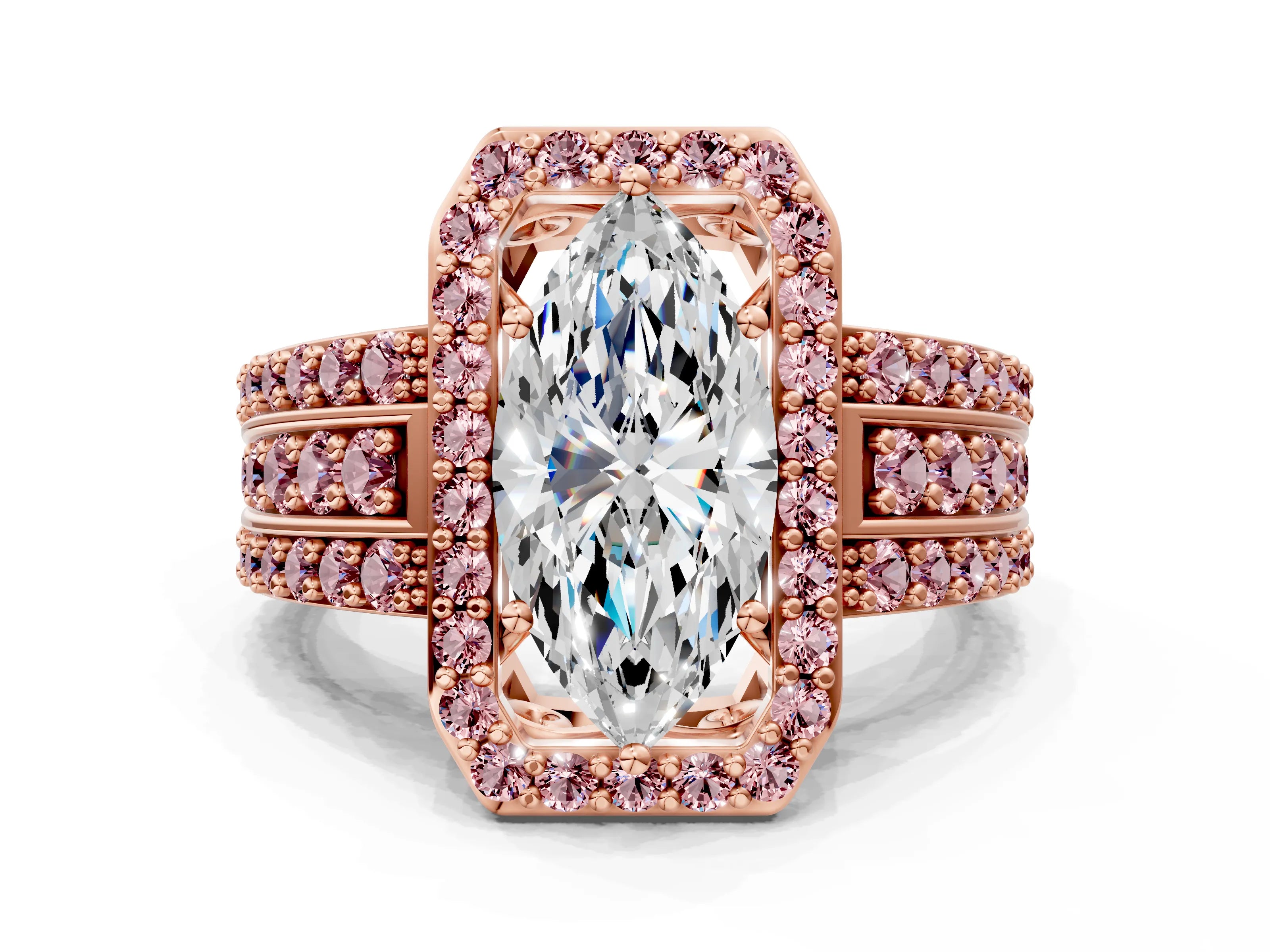 Rose gold Marquise Cut Halo Diamond Ring with Round with Morganite side stone Split Shank and Prong Setting