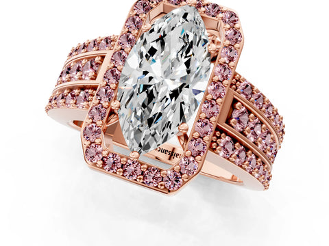 Rose gold Marquise Cut Halo Diamond Ring with Round with Morganite side stone Split Shank and Prong Setting_1