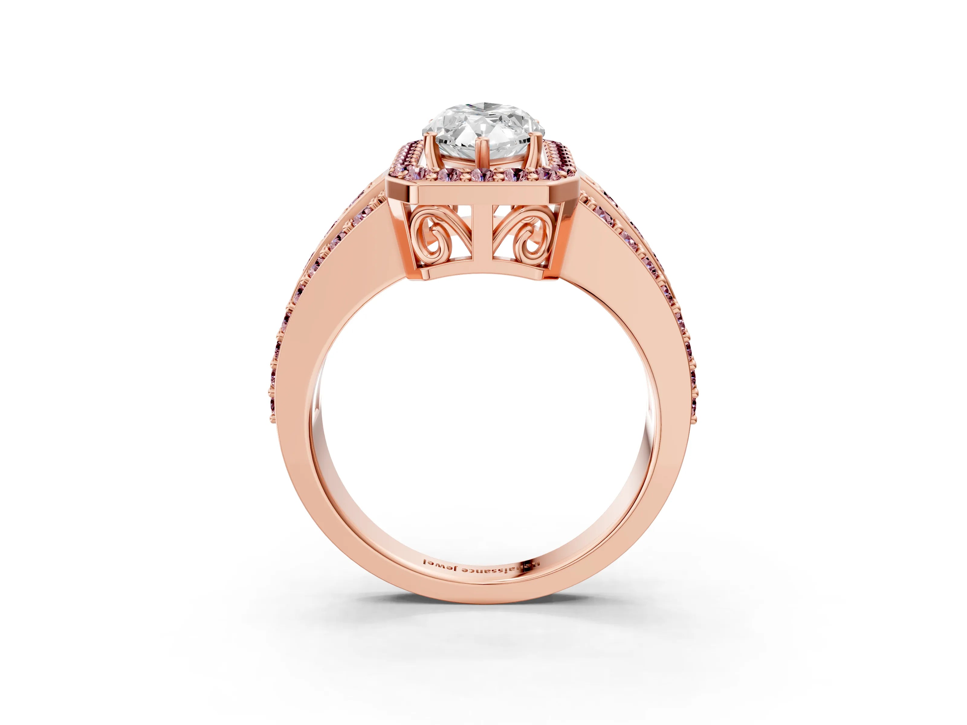 Rose gold Marquise Cut Halo Diamond Ring with Round with Morganite side stone Split Shank and Prong Setting_3