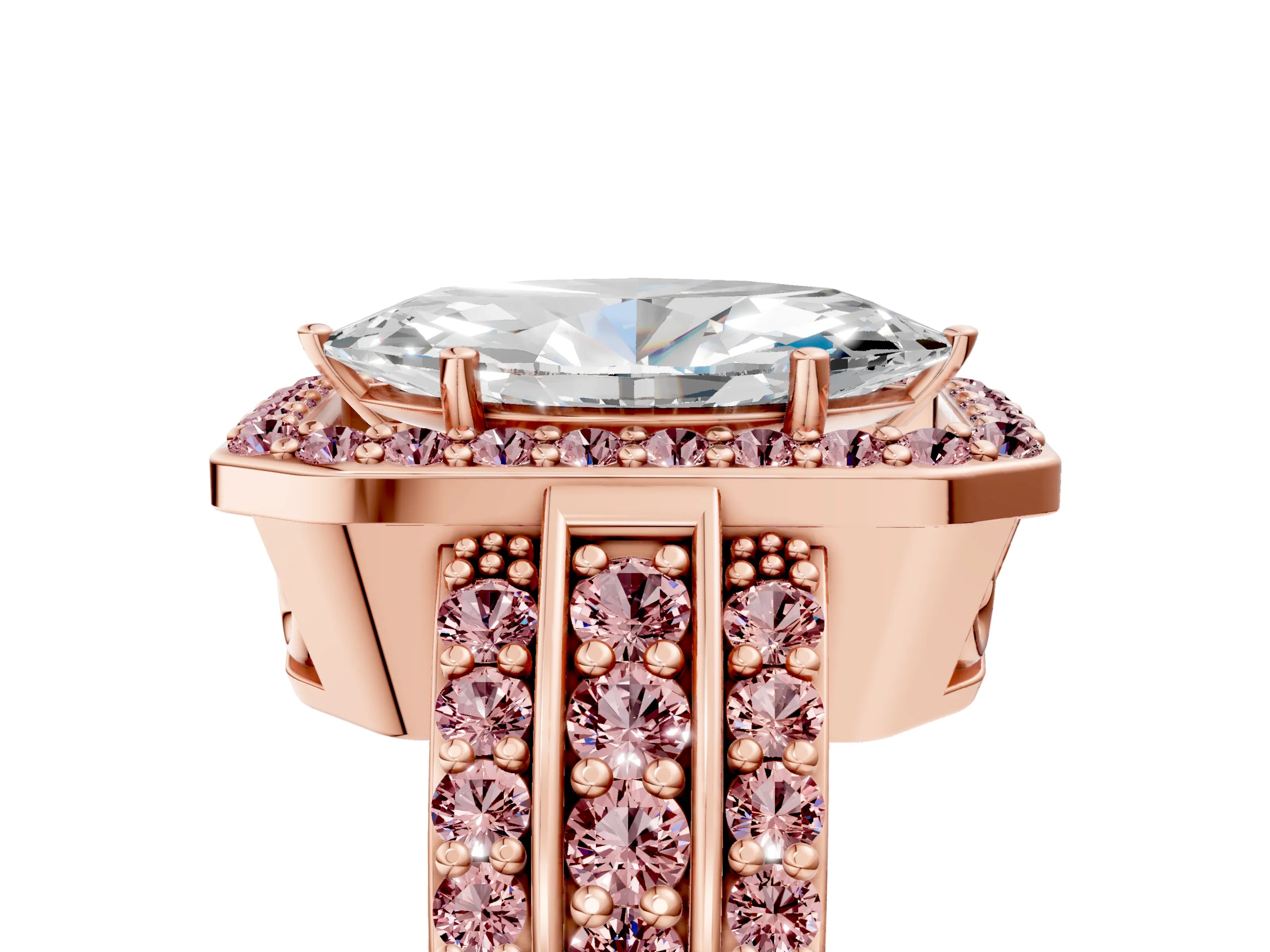 Rose gold Marquise Cut Halo Diamond Ring with Round with Morganite side stone Split Shank and Prong Setting_5