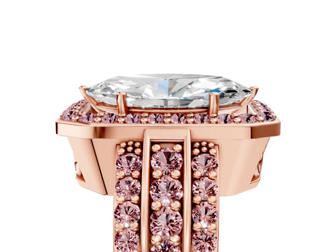 Rose gold Marquise Cut Halo Diamond Ring with Round with Morganite side stone Split Shank and Prong Setting_5