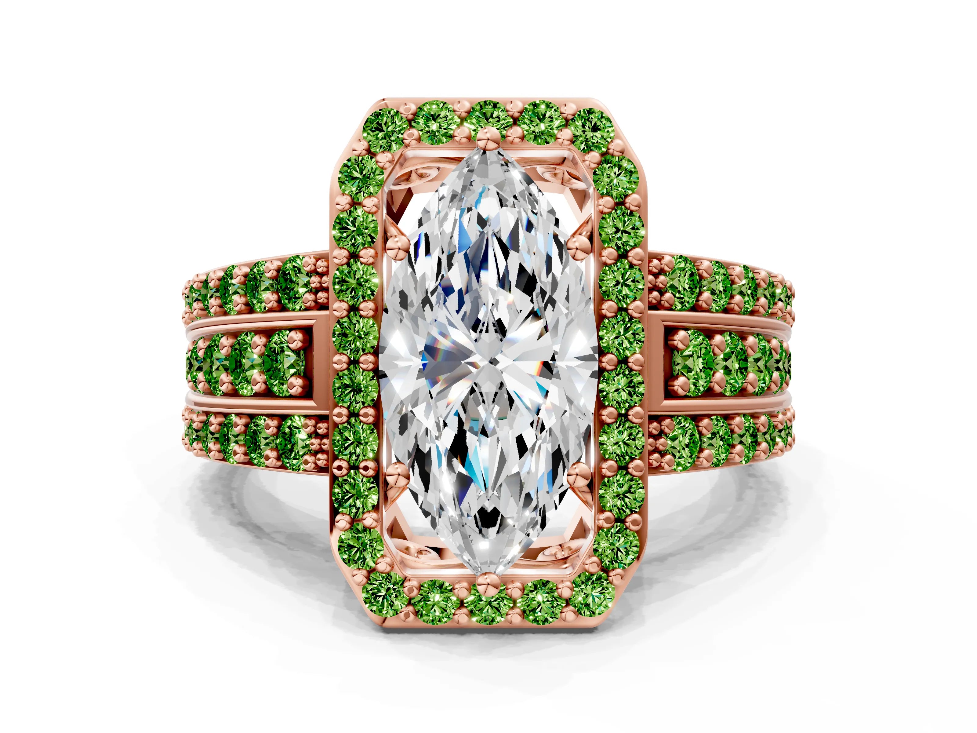 Rose gold Marquise Cut Halo Diamond Ring with Round with Peridot side stone Split Shank and Prong Setting