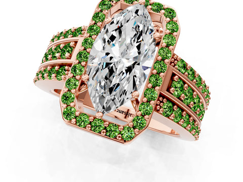 Rose gold Marquise Cut Halo Diamond Ring with Round with Peridot side stone Split Shank and Prong Setting_1