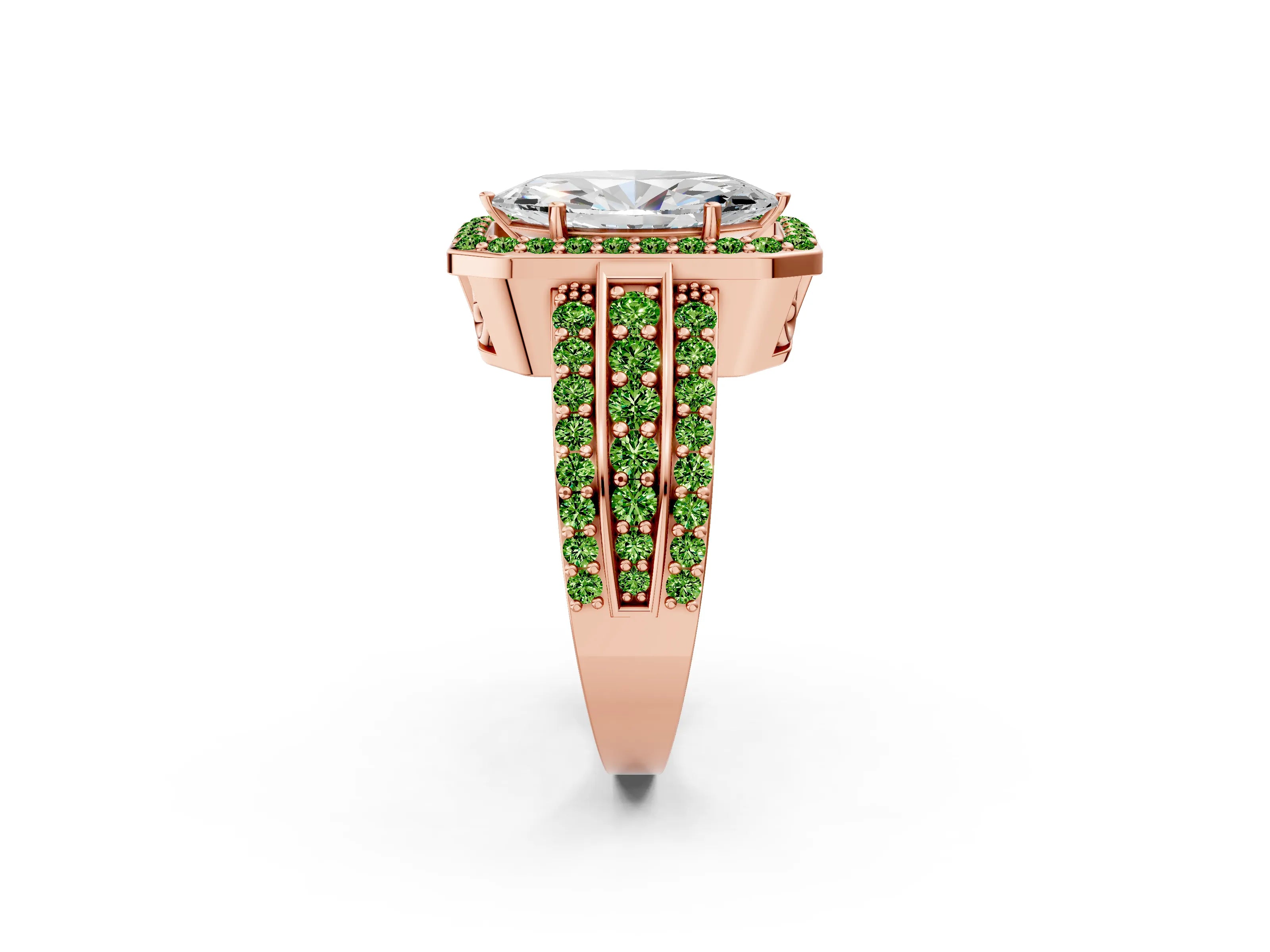Rose gold Marquise Cut Halo Diamond Ring with Round with Peridot side stone Split Shank and Prong Setting_2