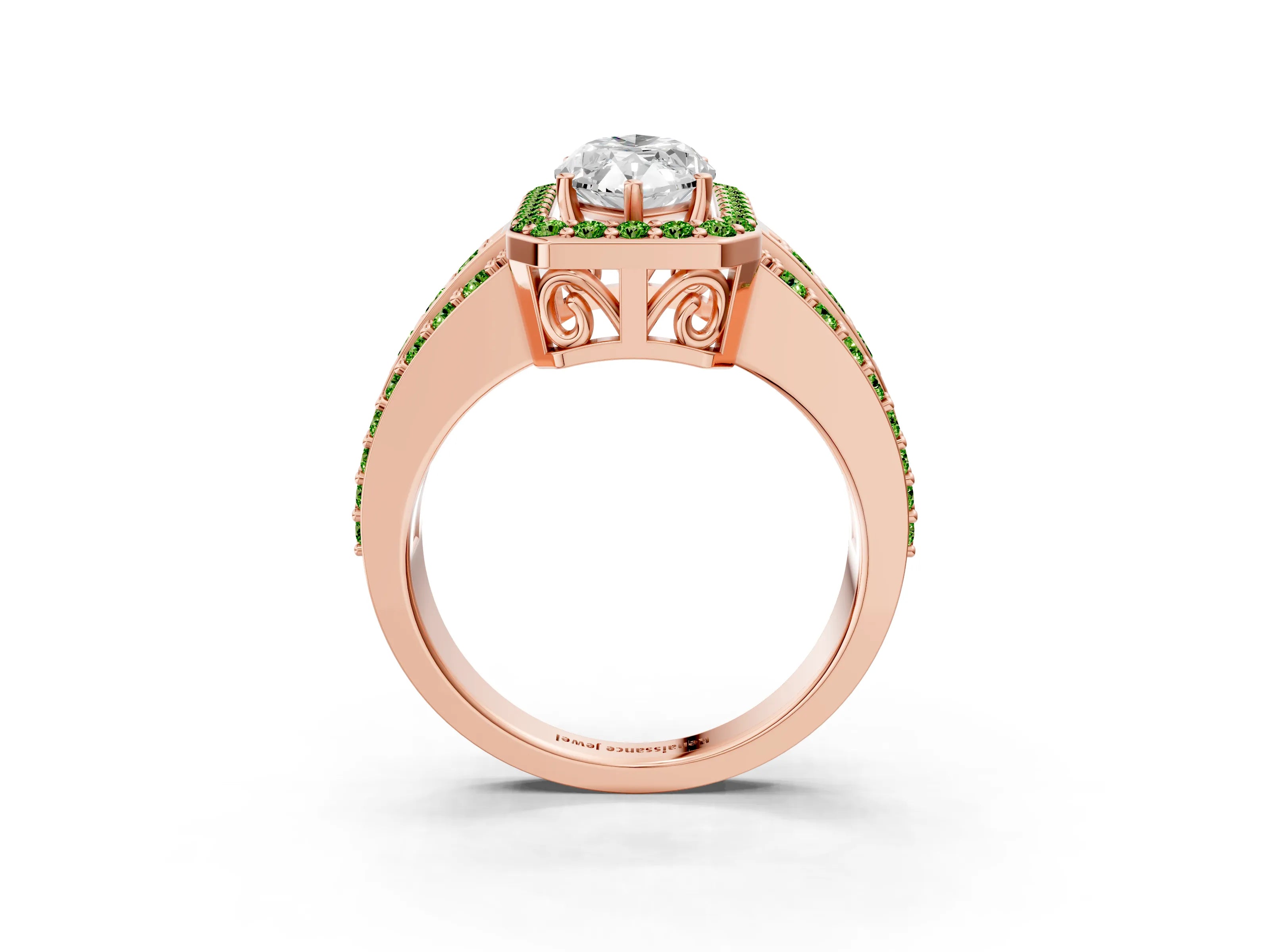 Rose gold Marquise Cut Halo Diamond Ring with Round with Peridot side stone Split Shank and Prong Setting_3