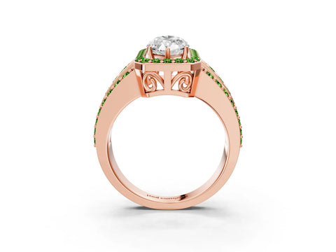 Rose gold Marquise Cut Halo Diamond Ring with Round with Peridot side stone Split Shank and Prong Setting_3