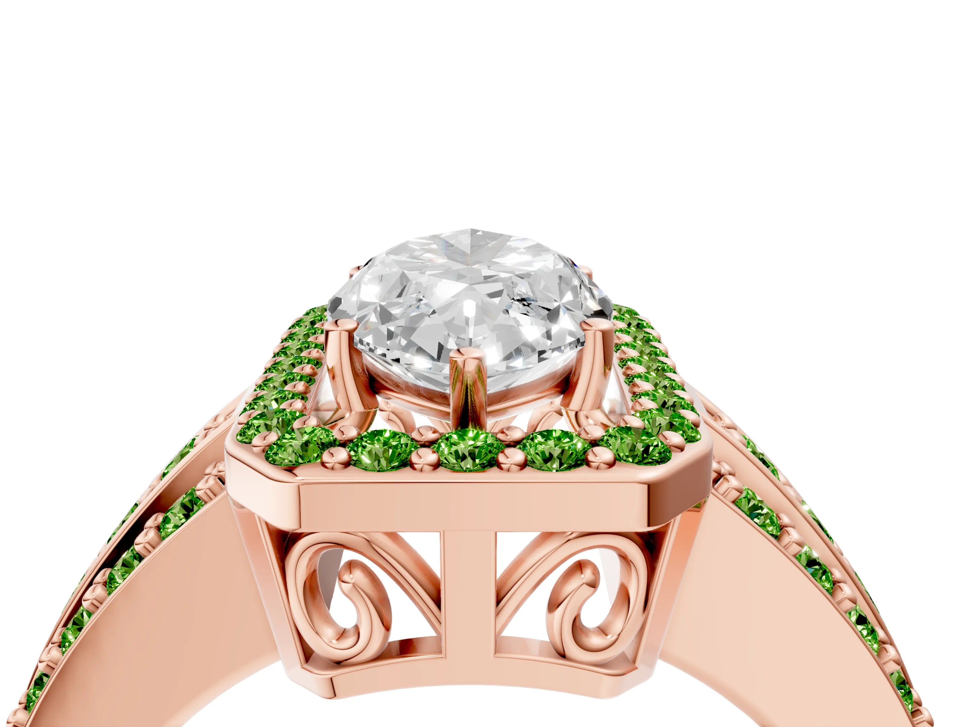 Rose gold Marquise Cut Halo Diamond Ring with Round with Peridot side stone Split Shank and Prong Setting_4