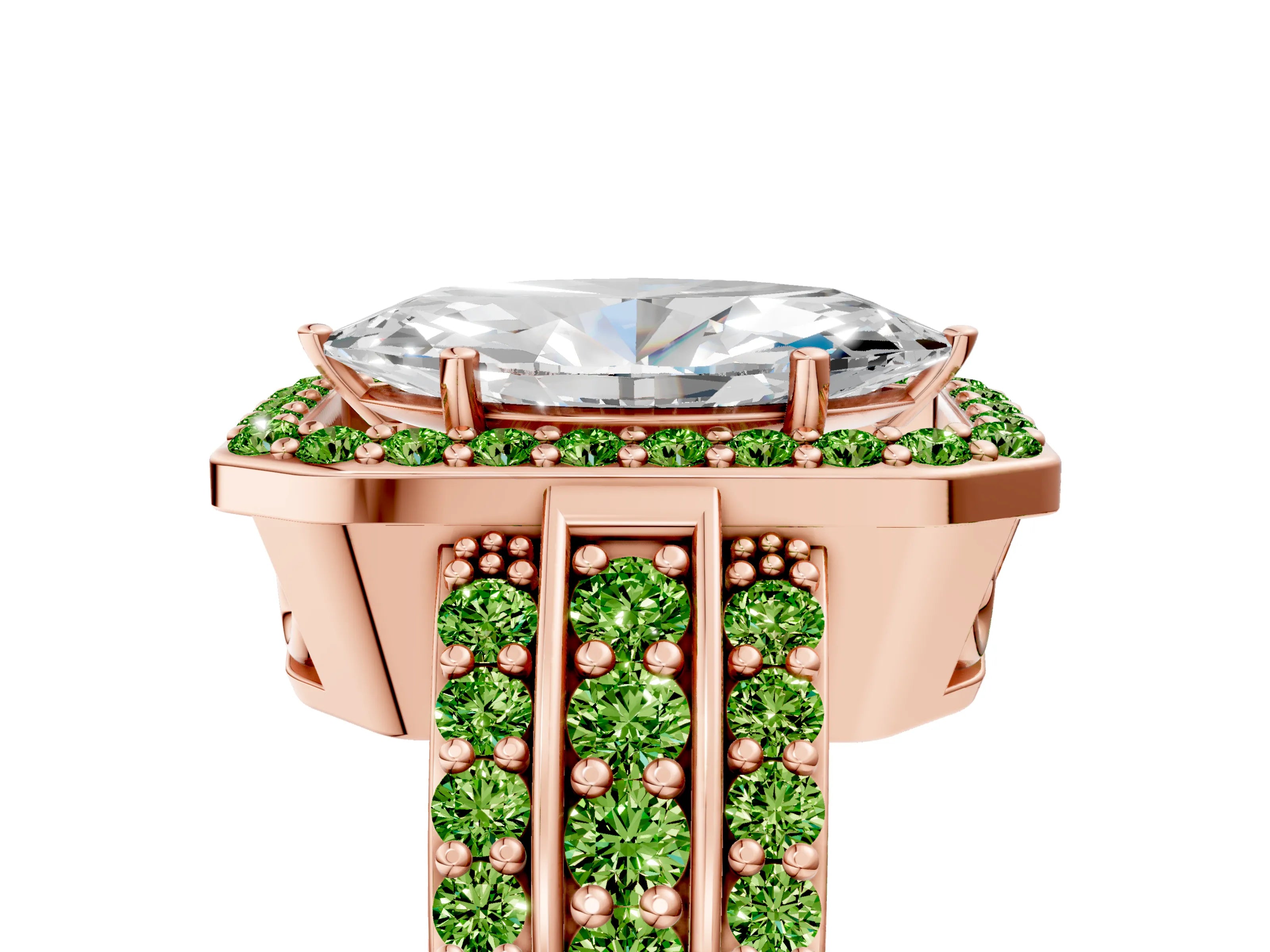 Rose gold Marquise Cut Halo Diamond Ring with Round with Peridot side stone Split Shank and Prong Setting_5