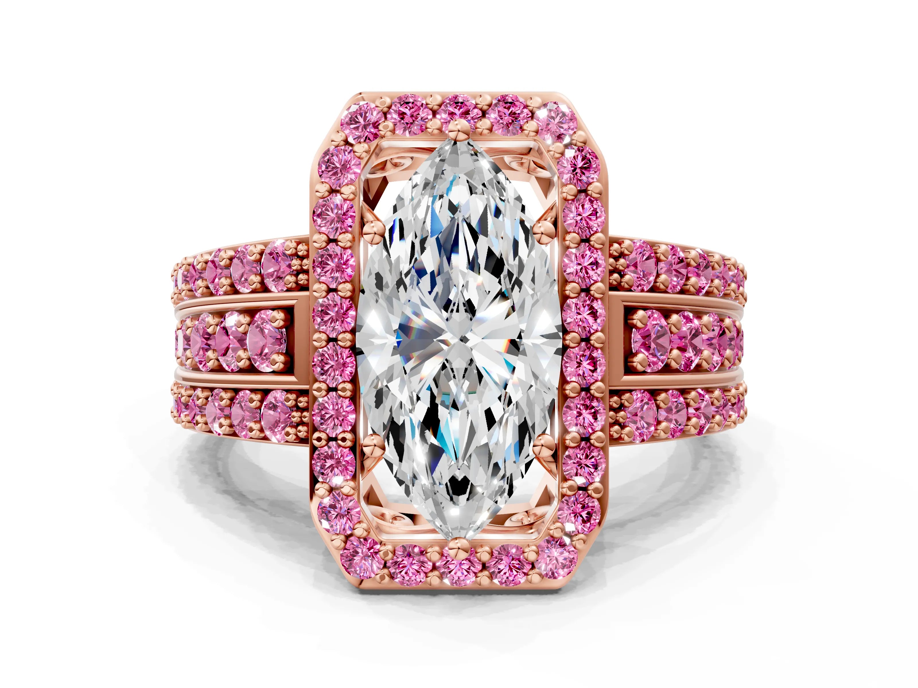 Rose gold Marquise Cut Halo Diamond Ring with Round with Pink Sapphire side stone Split Shank and Prong Setting