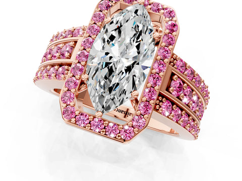 Rose gold Marquise Cut Halo Diamond Ring with Round with Pink Sapphire side stone Split Shank and Prong Setting_1