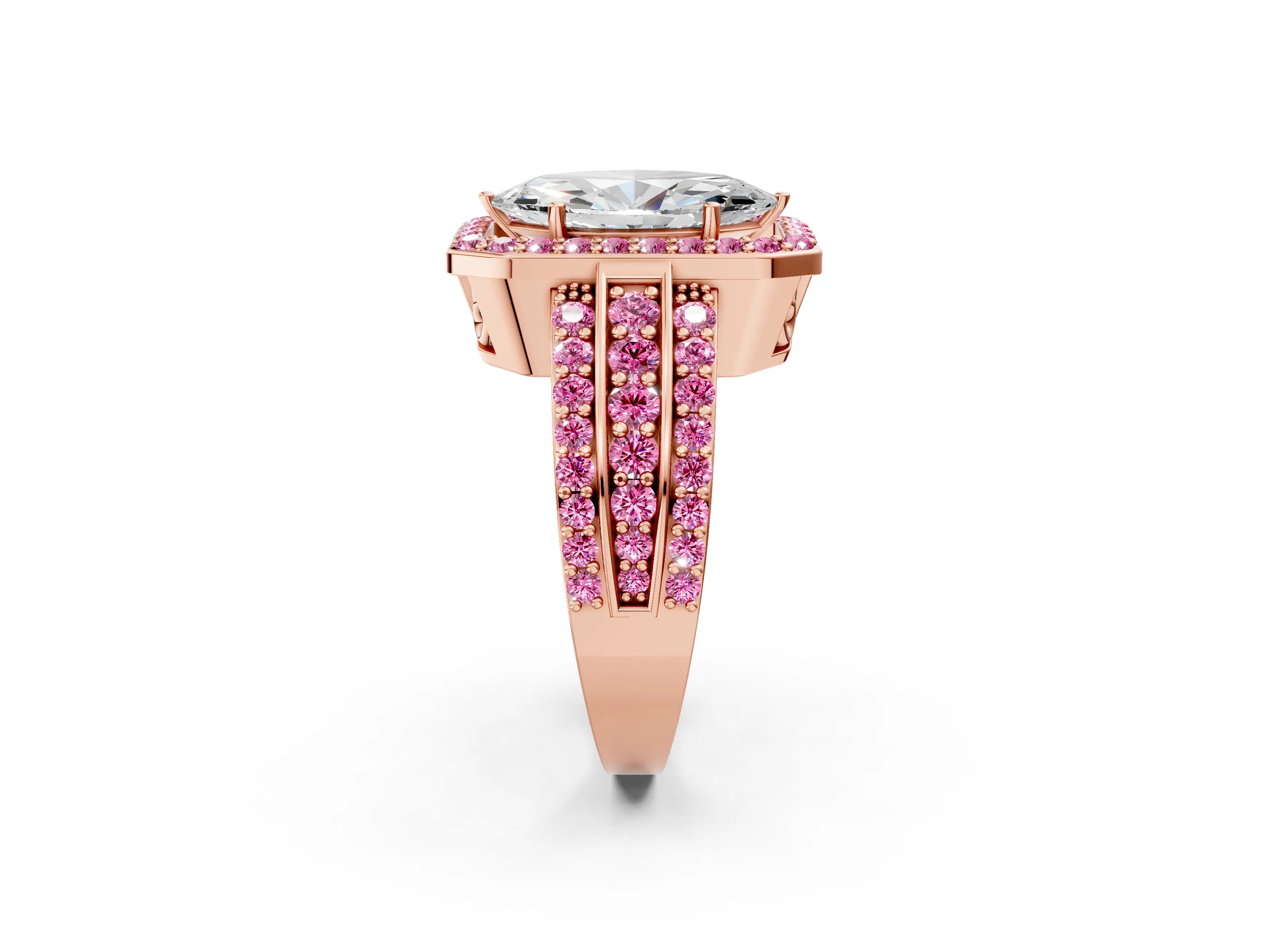 Rose gold Marquise Cut Halo Diamond Ring with Round with Pink Sapphire side stone Split Shank and Prong Setting_2