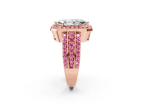Rose gold Marquise Cut Halo Diamond Ring with Round with Pink Sapphire side stone Split Shank and Prong Setting_2