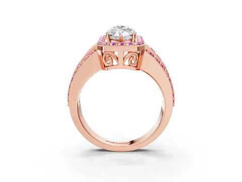 Rose gold Marquise Cut Halo Diamond Ring with Round with Pink Sapphire side stone Split Shank and Prong Setting_3