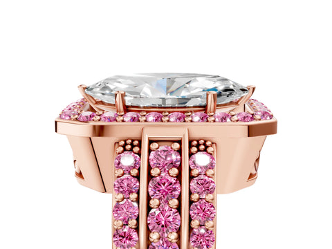 Rose gold Marquise Cut Halo Diamond Ring with Round with Pink Sapphire side stone Split Shank and Prong Setting_5