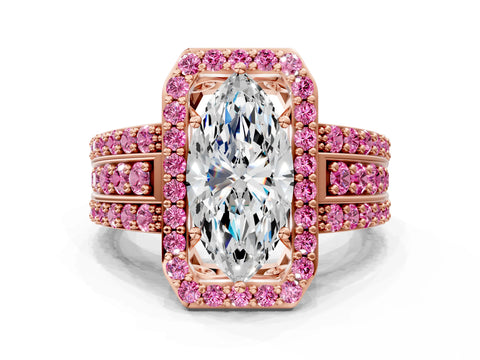 Rose gold Marquise Cut Halo Diamond Ring with Round with Pink Sapphire side stone Split Shank and Prong Setting