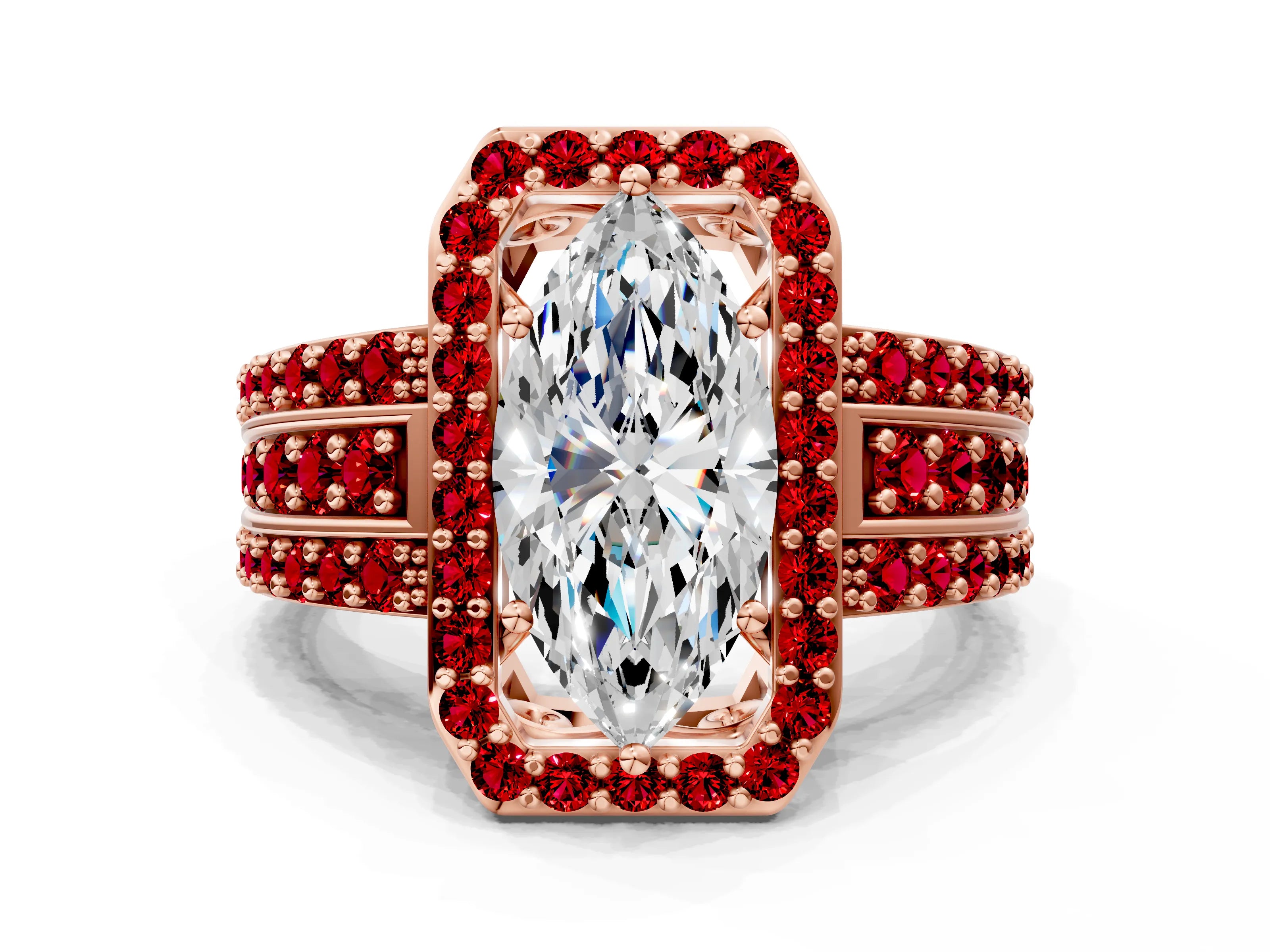 Rose gold Marquise Cut Halo Diamond Ring with Round with Ruby side stone Split Shank and Prong Setting