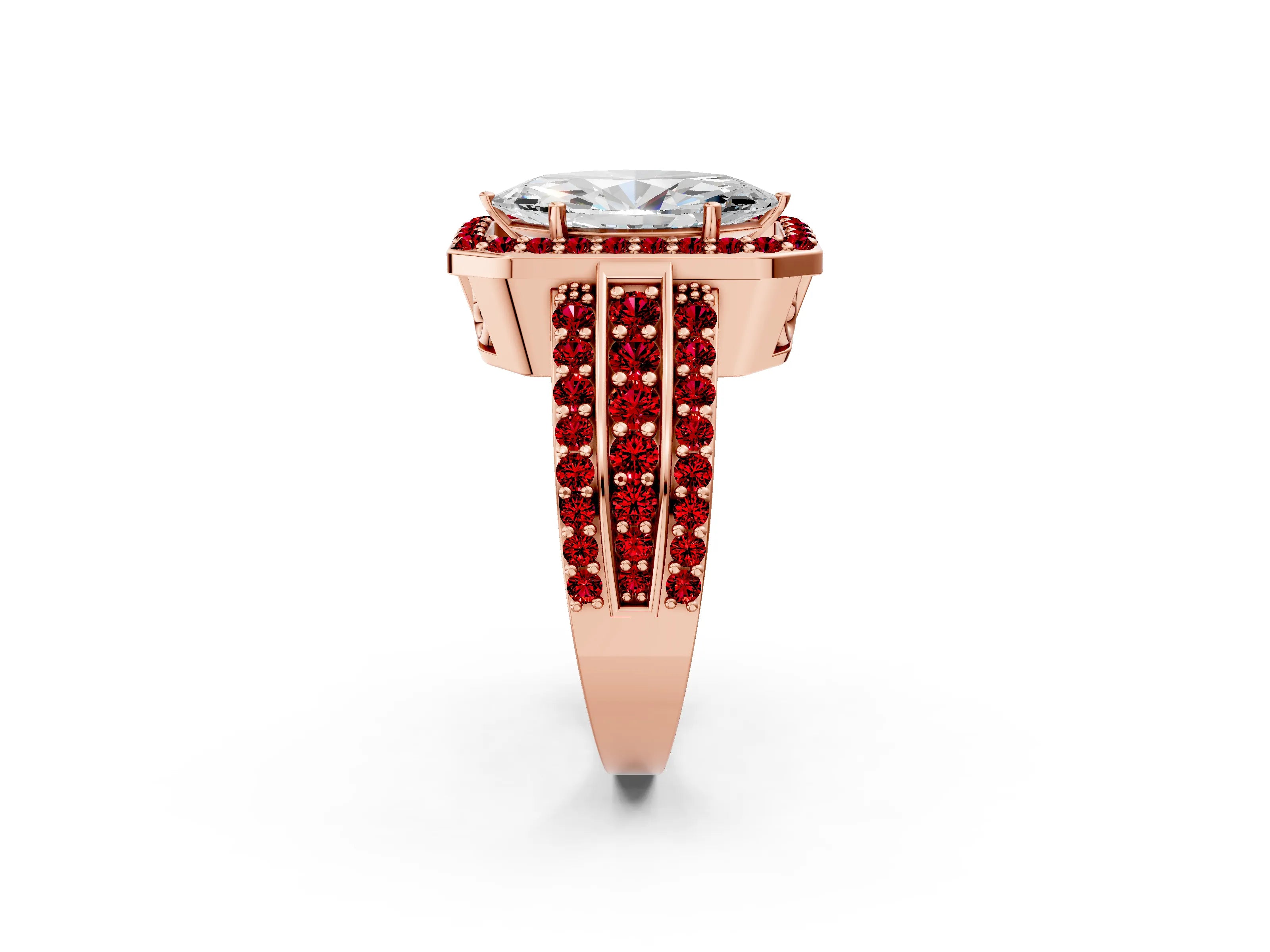 Rose gold Marquise Cut Halo Diamond Ring with Round with Ruby side stone Split Shank and Prong Setting_2