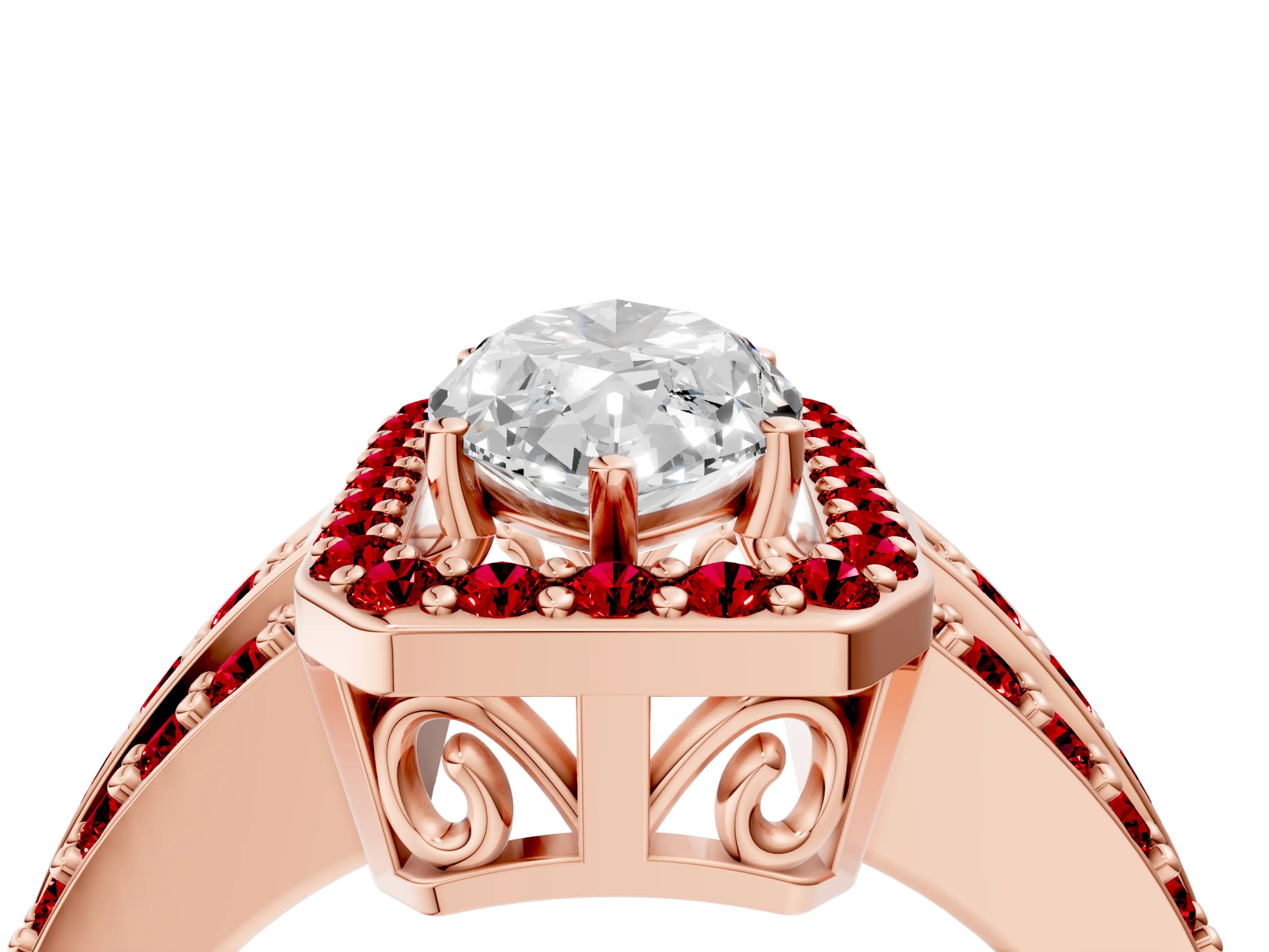 Rose gold Marquise Cut Halo Diamond Ring with Round with Ruby side stone Split Shank and Prong Setting_4
