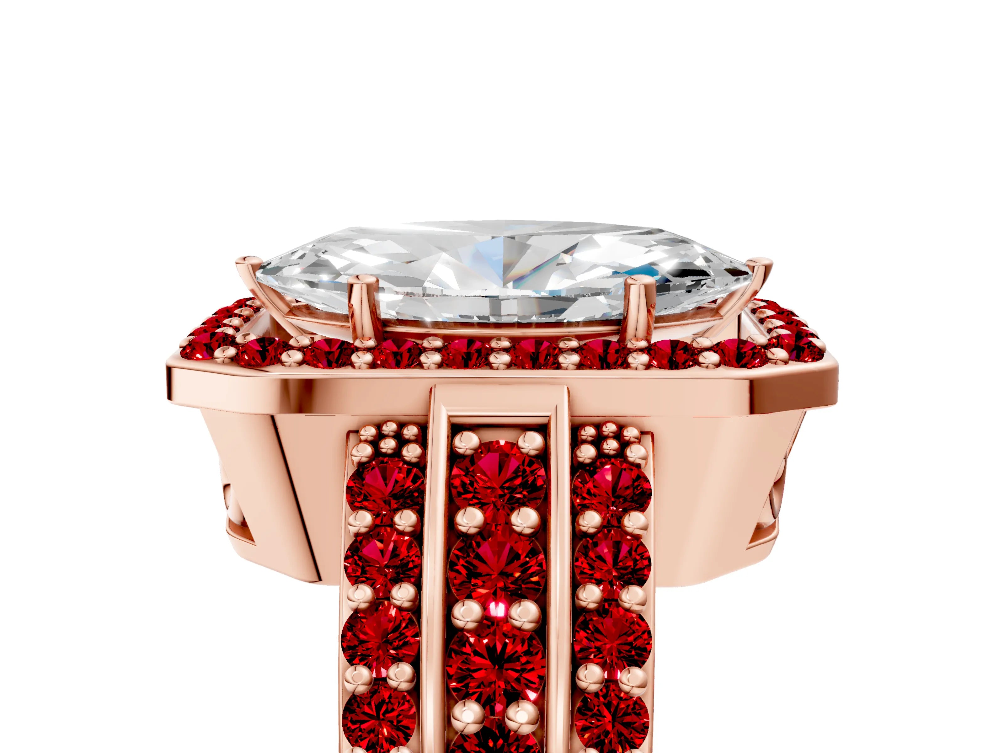 Rose gold Marquise Cut Halo Diamond Ring with Round with Ruby side stone Split Shank and Prong Setting_5