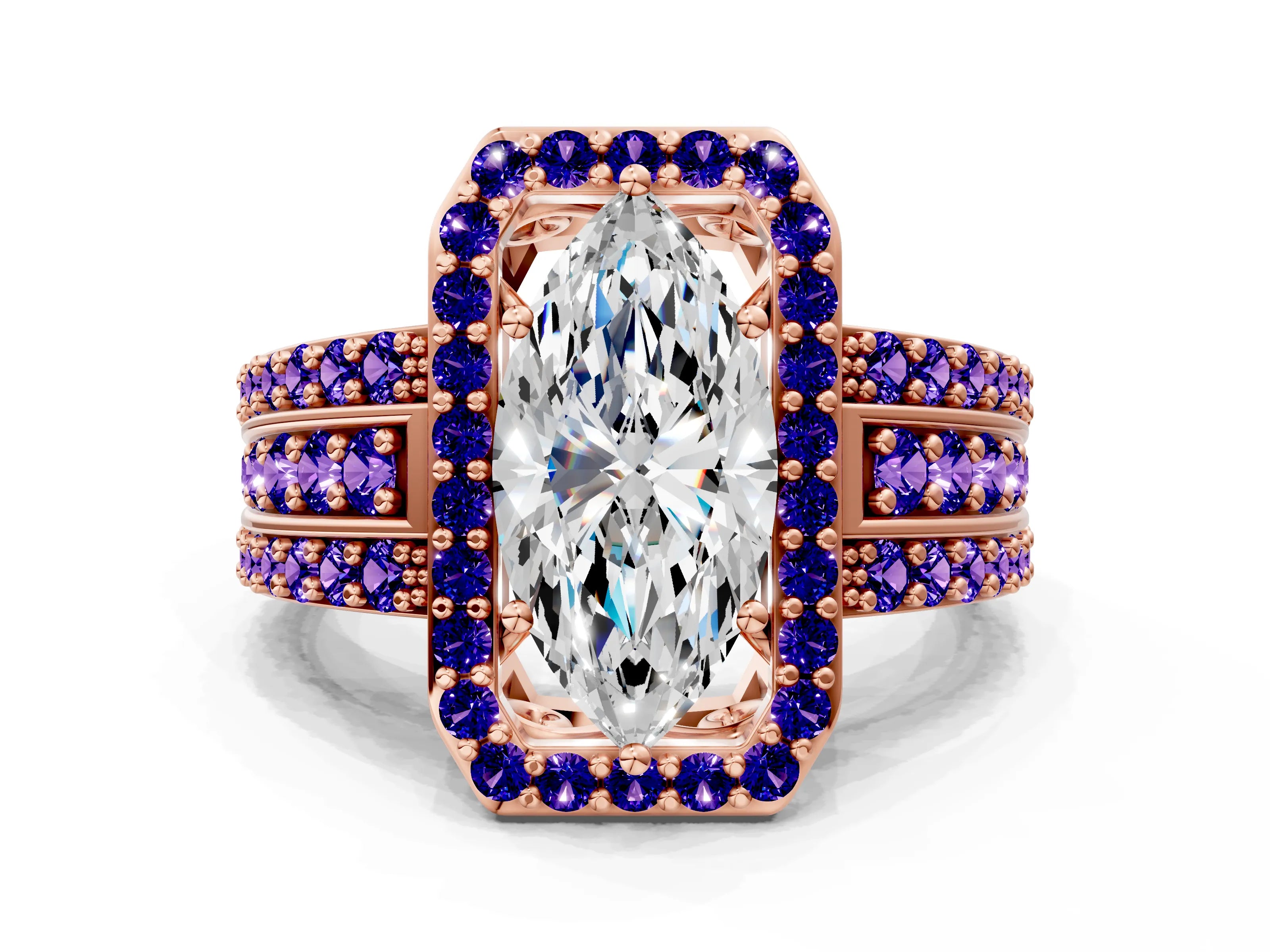 Rose gold Marquise Cut Halo Diamond Ring with Round with Tanzanite side stone Split Shank and Prong Setting