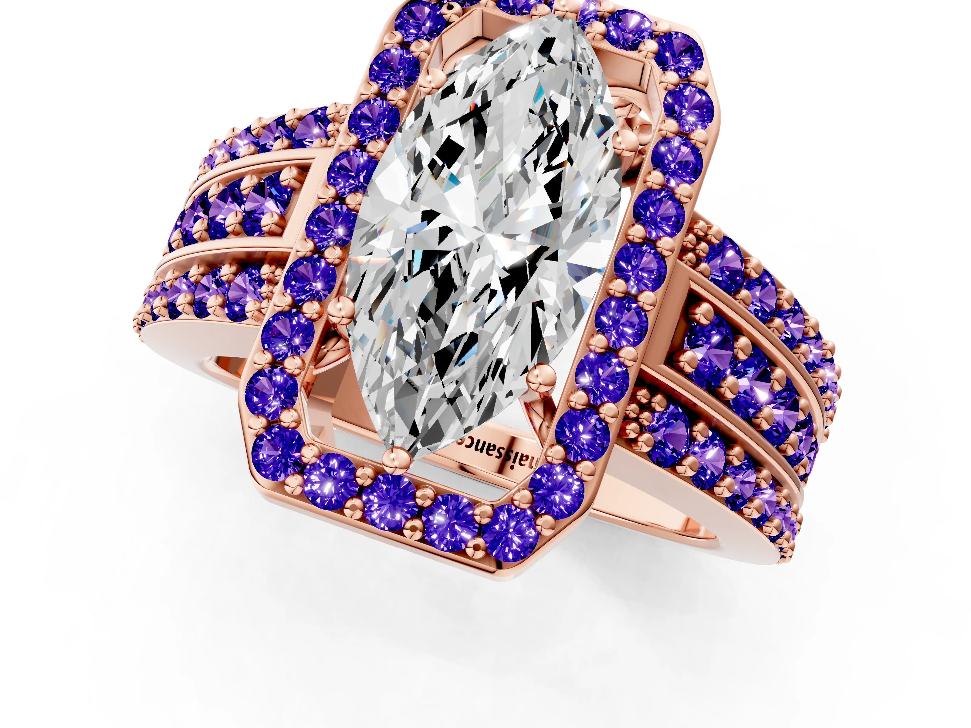 Rose gold Marquise Cut Halo Diamond Ring with Round with Tanzanite side stone Split Shank and Prong Setting_1