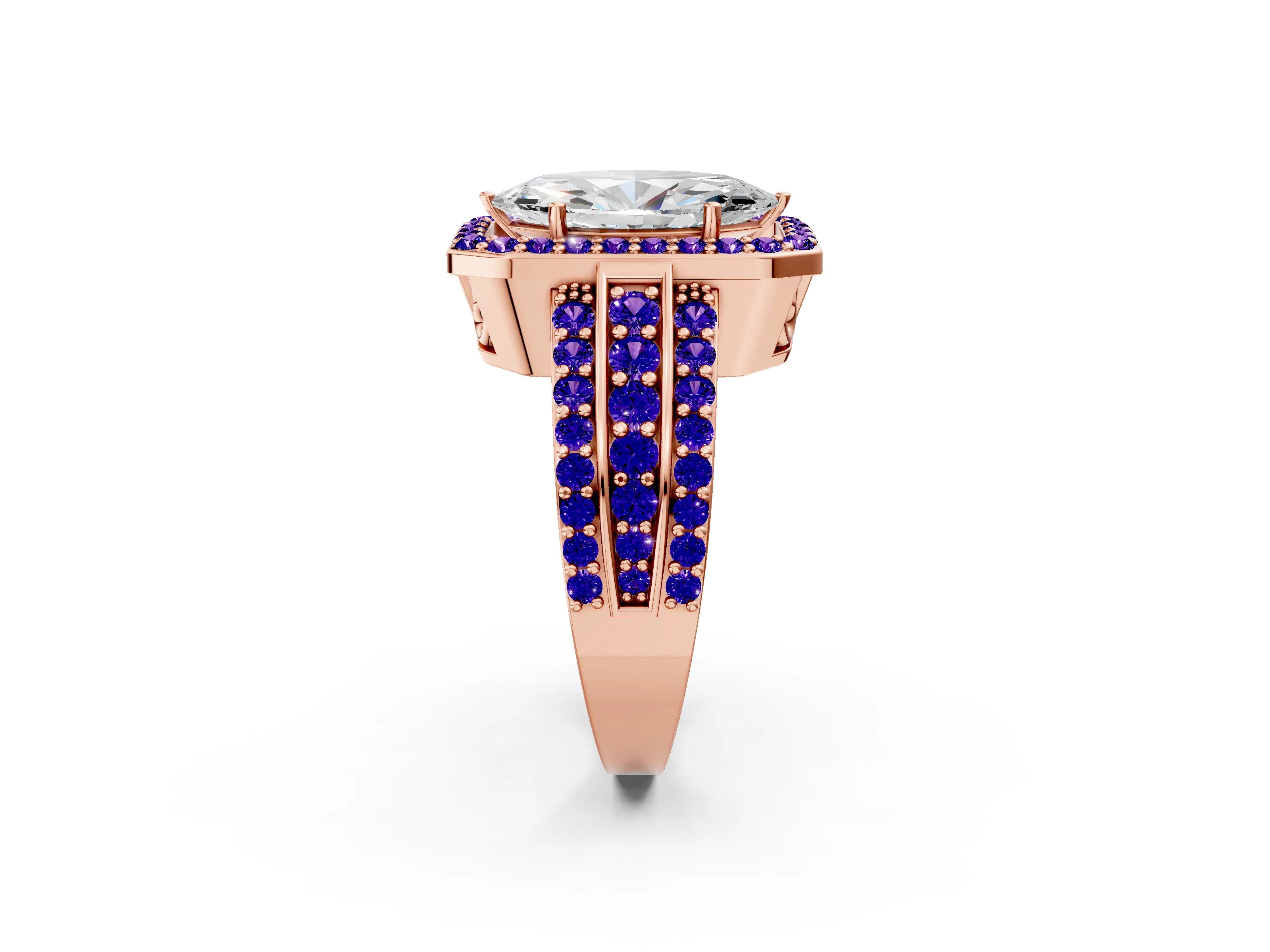 Rose gold Marquise Cut Halo Diamond Ring with Round with Tanzanite side stone Split Shank and Prong Setting_2