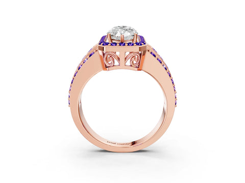 Rose gold Marquise Cut Halo Diamond Ring with Round with Tanzanite side stone Split Shank and Prong Setting_3