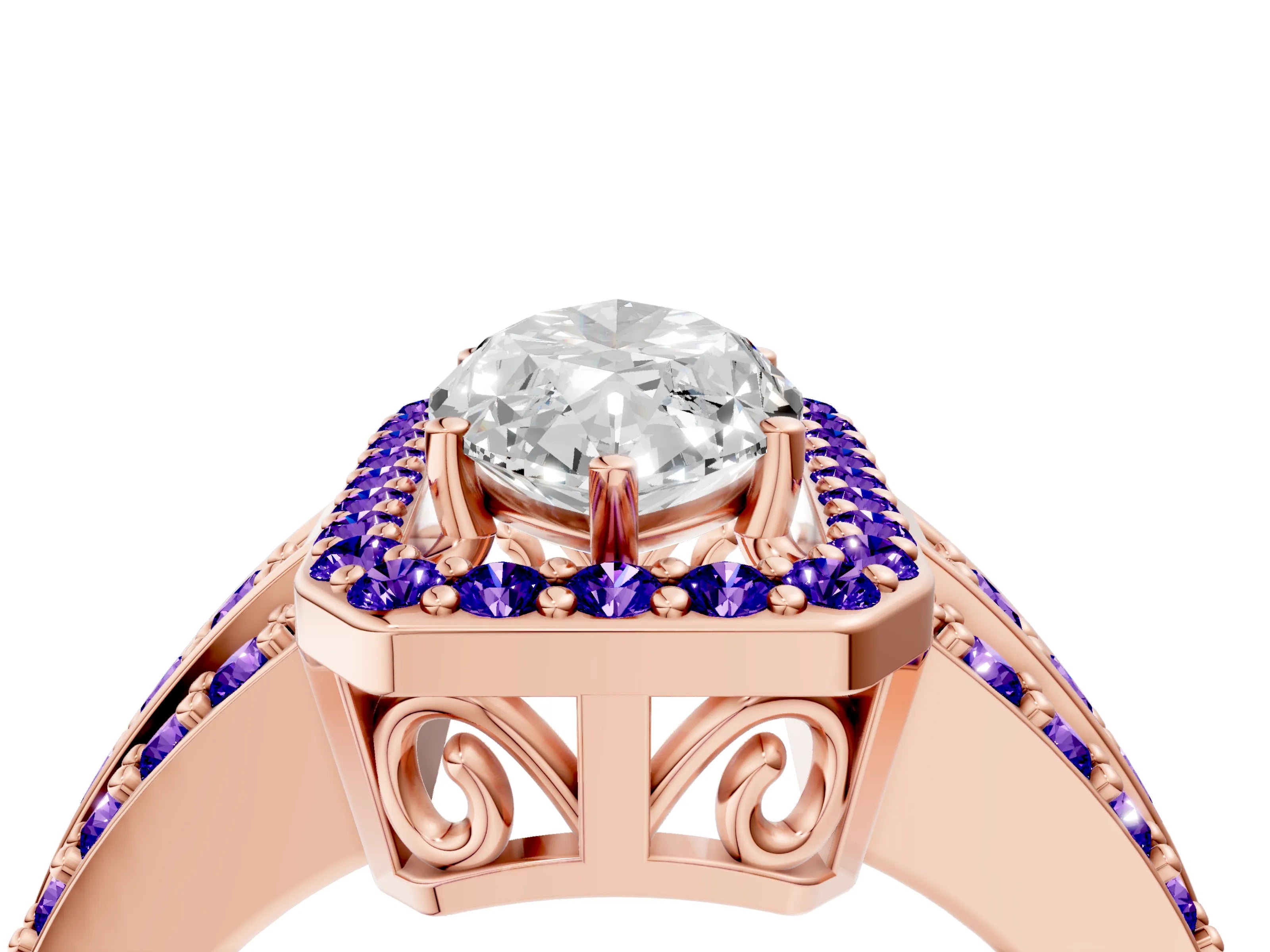 Rose gold Marquise Cut Halo Diamond Ring with Round with Tanzanite side stone Split Shank and Prong Setting_4