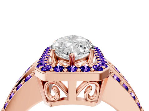 Rose gold Marquise Cut Halo Diamond Ring with Round with Tanzanite side stone Split Shank and Prong Setting_4