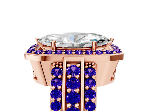 Rose gold Marquise Cut Halo Diamond Ring with Round with Tanzanite side stone Split Shank and Prong Setting_5