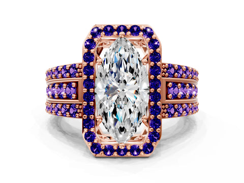 Rose gold Marquise Cut Halo Diamond Ring with Round with Tanzanite side stone Split Shank and Prong Setting