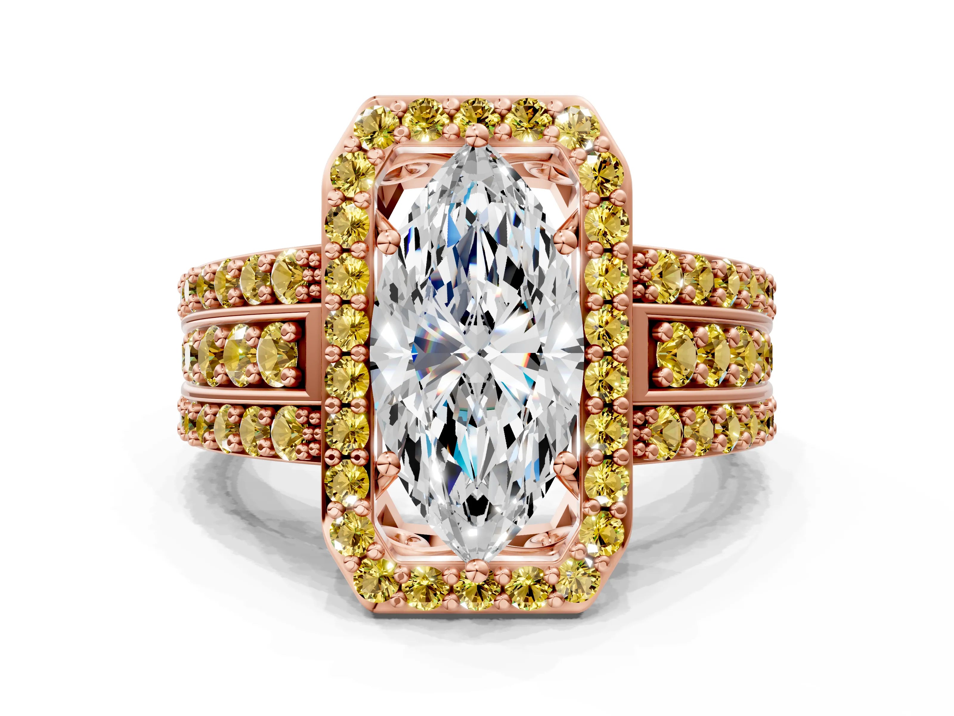 Rose gold Marquise Cut Halo Diamond Ring with Round with Yellow Sapphire side stone Split Shank and Prong Setting