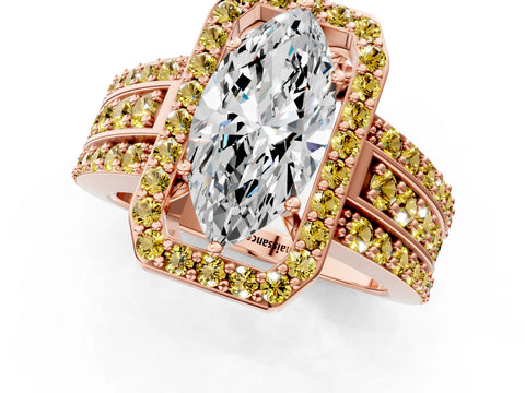 Rose gold Marquise Cut Halo Diamond Ring with Round with Yellow Sapphire side stone Split Shank and Prong Setting_1