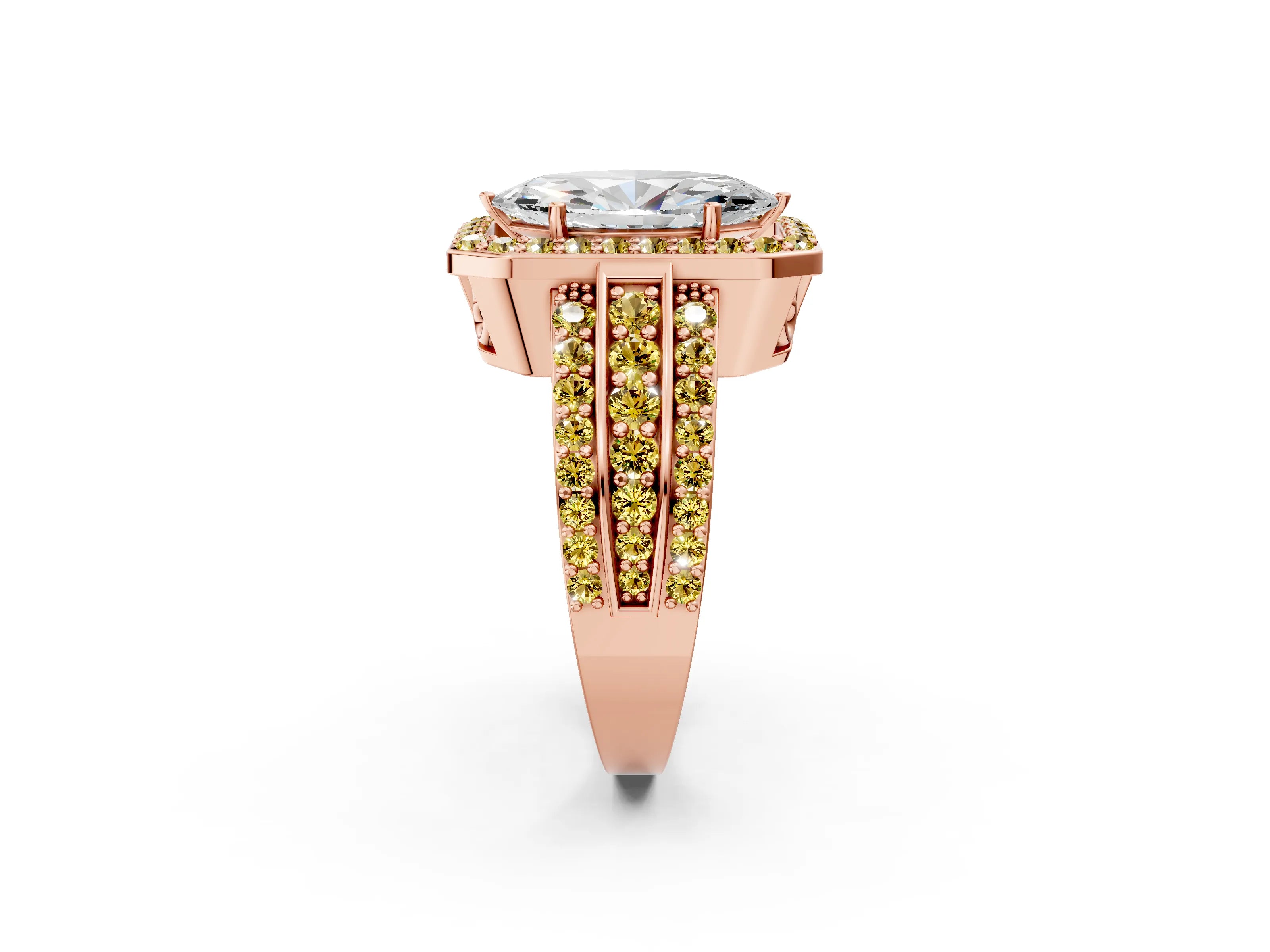 Rose gold Marquise Cut Halo Diamond Ring with Round with Yellow Sapphire side stone Split Shank and Prong Setting_2