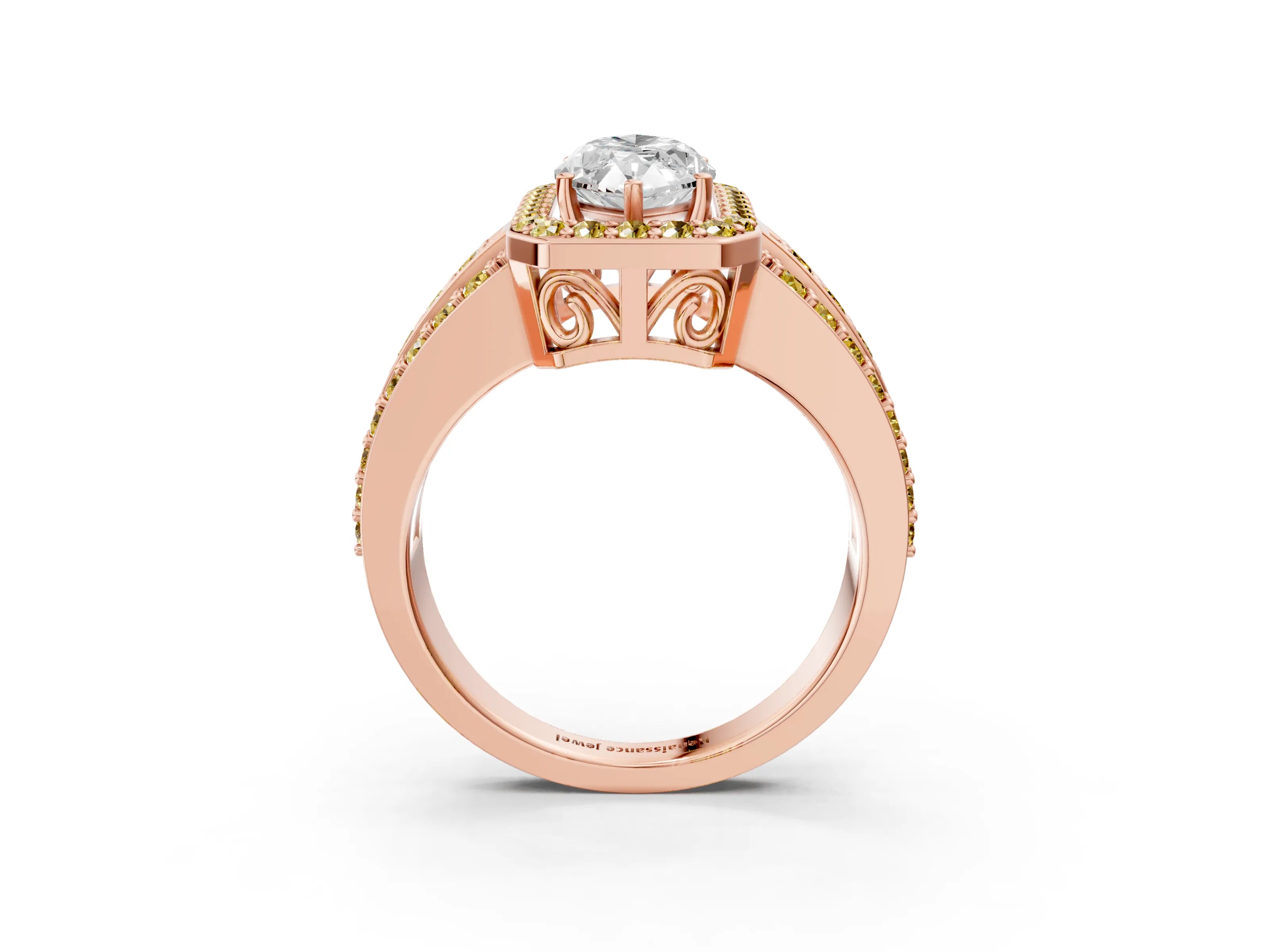 Rose gold Marquise Cut Halo Diamond Ring with Round with Yellow Sapphire side stone Split Shank and Prong Setting_3