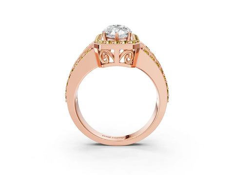 Rose gold Marquise Cut Halo Diamond Ring with Round with Yellow Sapphire side stone Split Shank and Prong Setting_3