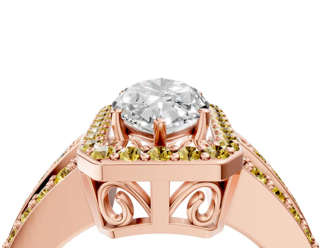Rose gold Marquise Cut Halo Diamond Ring with Round with Yellow Sapphire side stone Split Shank and Prong Setting_4