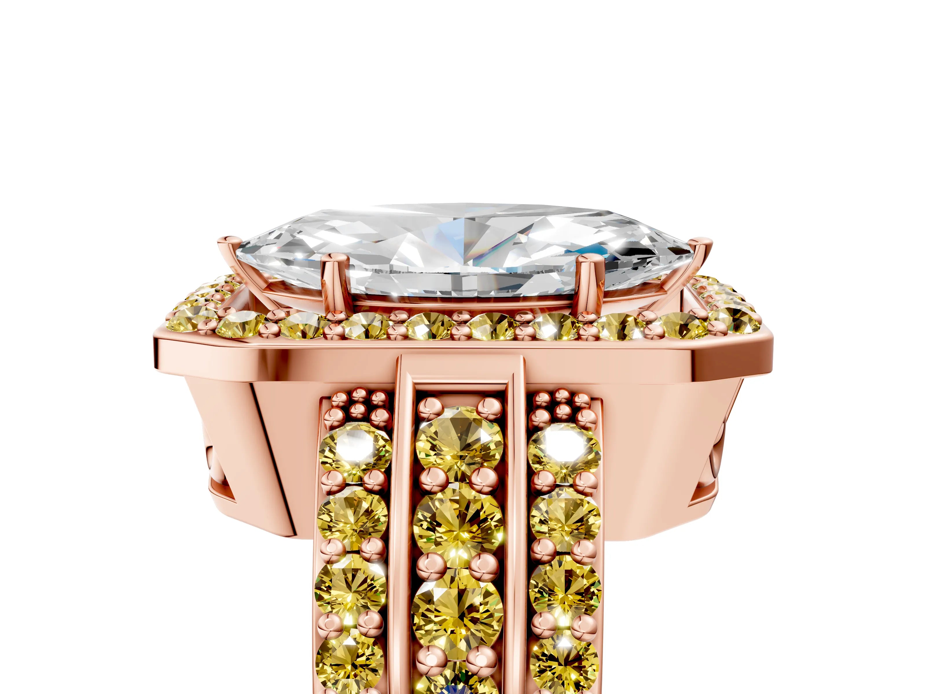 Rose gold Marquise Cut Halo Diamond Ring with Round with Yellow Sapphire side stone Split Shank and Prong Setting_5