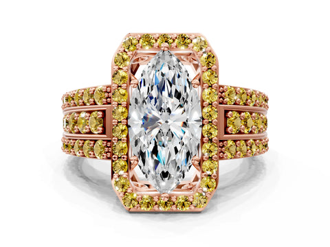 Rose gold Marquise Cut Halo Diamond Ring with Round with Yellow Sapphire side stone Split Shank and Prong Setting